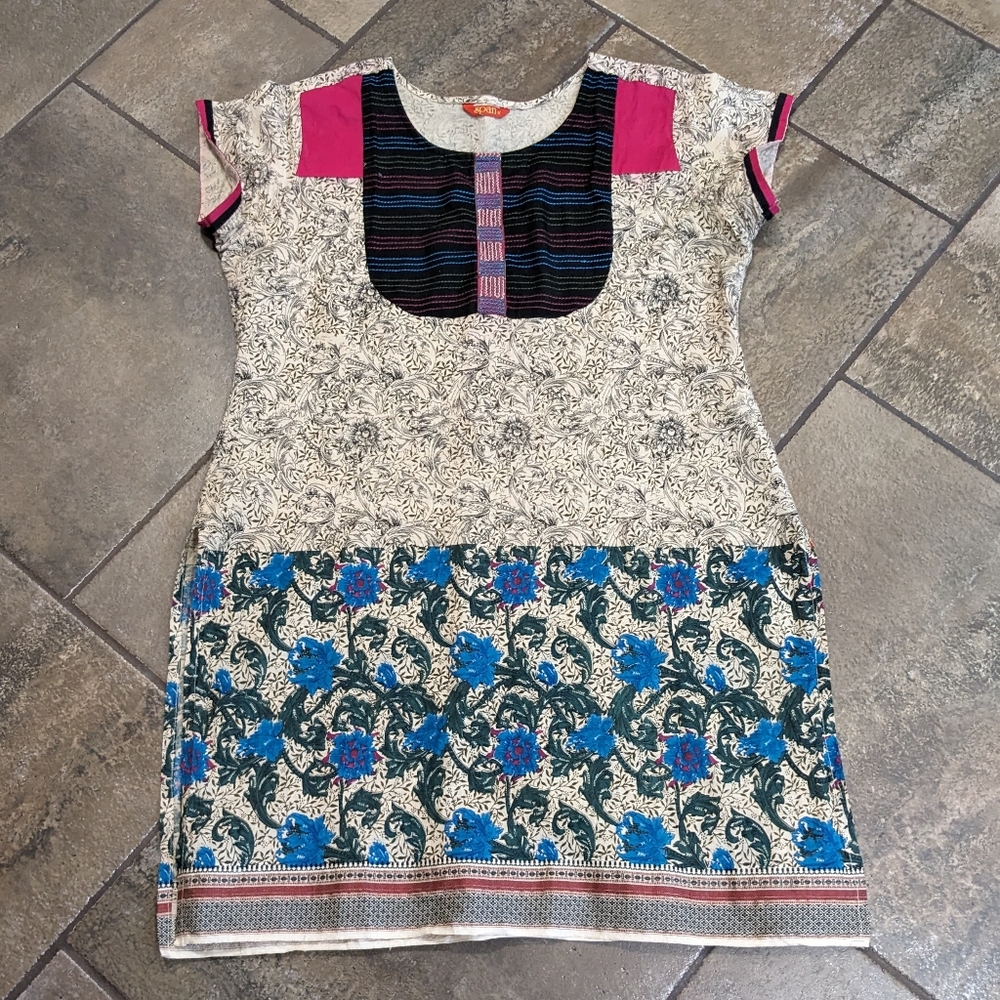 Span Made In India Boho Multi Print Short Sleeve Tunic Top Size XL